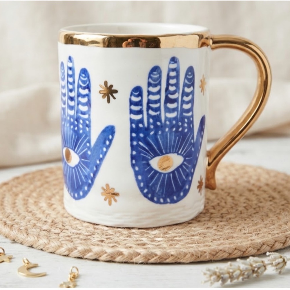Anthropologie Insight Hamsa Hand Evil Eye Stoneware Mug Mystical Boho